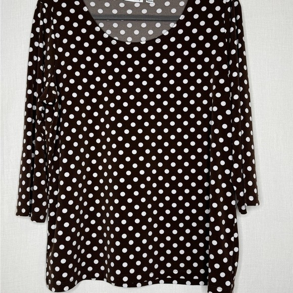 Susan Graver Womens Liquid Knit Brown Polka Dot 3/4 Sleeve Popover Blouse Sz L - Picture 2 of 6